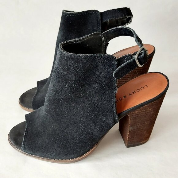 Lucky Brand Women Sandals Size 7.5 Black Open Slingback Peep Toe Comfy Booties - Picture 4 of 10